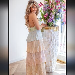 Ranees Cotton Candy Ombré Waterfall Ruffle Maxi Dress